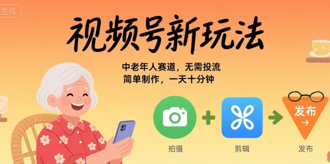 视频号新玩法，中老年人赛道，无需投流，简单制作，一天十分钟，月入1W-新一轻创