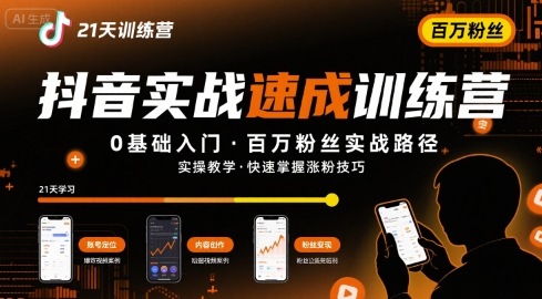 21天抖音实操训练营0基础，抖音百万粉丝实战速成-新一轻创