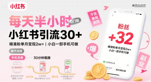 每天半小时小红书引流30+，精准粉单月变现2w+，小白新手一部手机可做，今天5分钟硬核实操-新一轻创